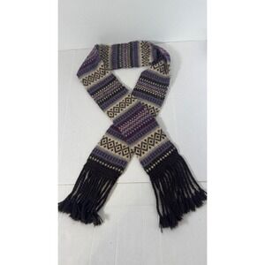 Alpaca Blend Wool Scarf Unisex OS Purple Fair Isle Knit Fringe Boho Geometric